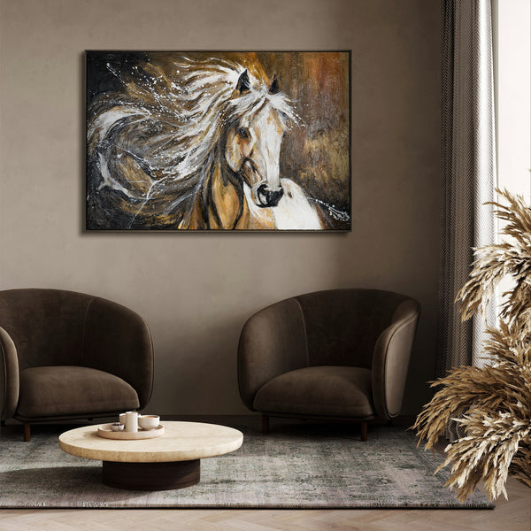 The painting "Power in Motion" is a dynamic portrait of a horse