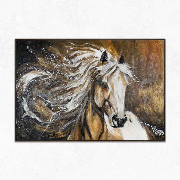 The painting "Power in Motion" is a dynamic portrait of a horse