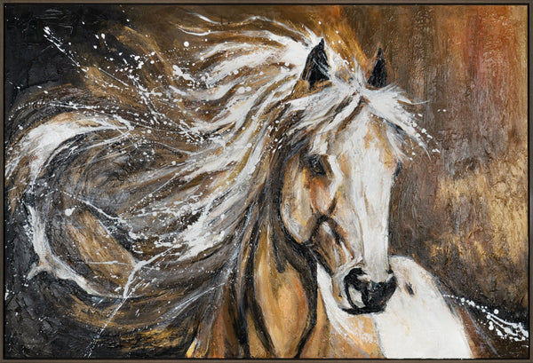 The painting "Power in Motion" is a dynamic portrait of a horse
