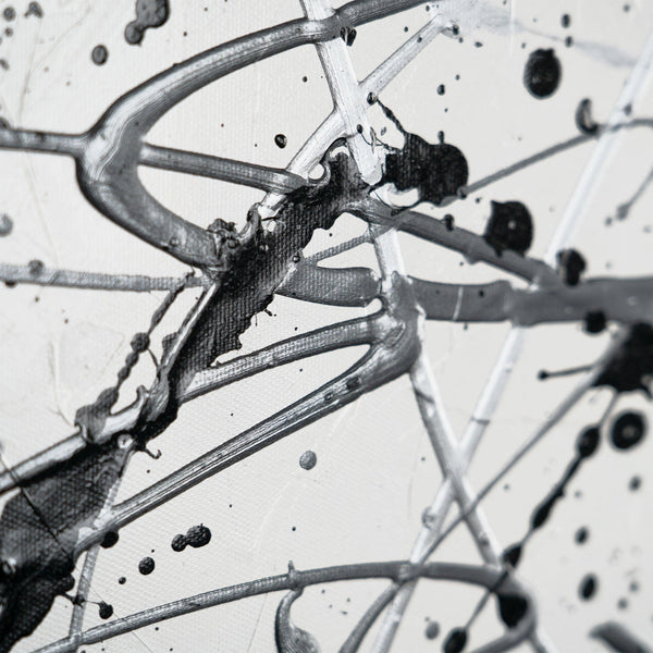 The painting "Chaos Control" is a monochrome abstraction in the style of action painting