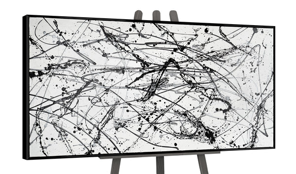 The painting "Chaos Control" is a monochrome abstraction in the style of action painting
