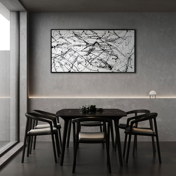 The painting "Chaos Control" is a monochrome abstraction in the style of action painting