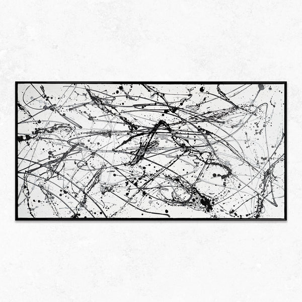 The painting "Chaos Control" is a monochrome abstraction in the style of action painting