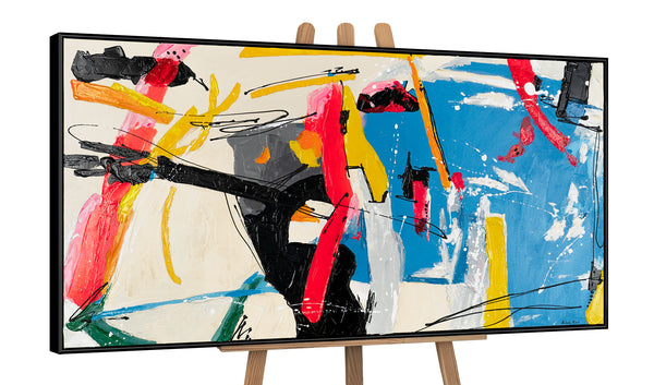 The painting "In the Rhythm of Chaos" is an explosive abstraction in bright colors
