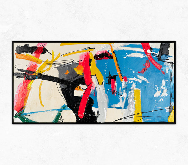 The painting "In the Rhythm of Chaos" is an explosive abstraction in bright colors